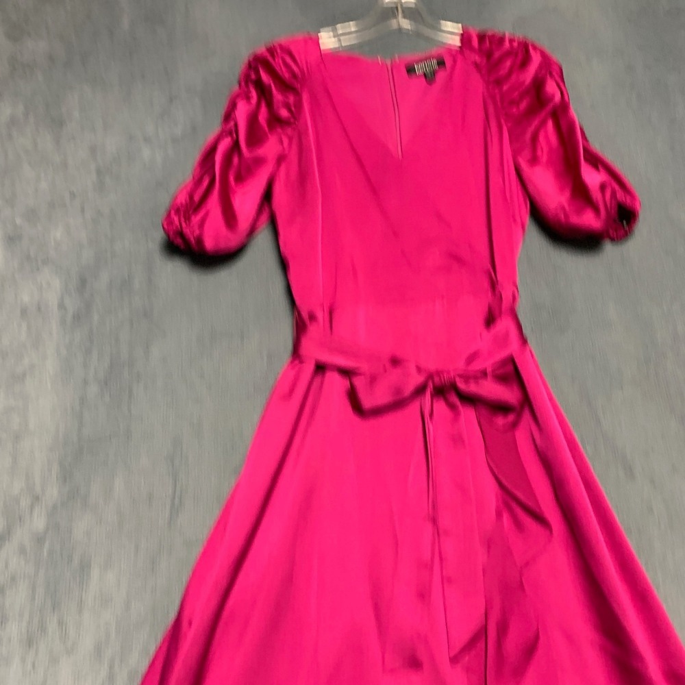 Kensie Faux Wrap Dress Womens 6 Hot Pink Ruched Sleeves Ruffled Hem Tie waist - Picture 3 of 14